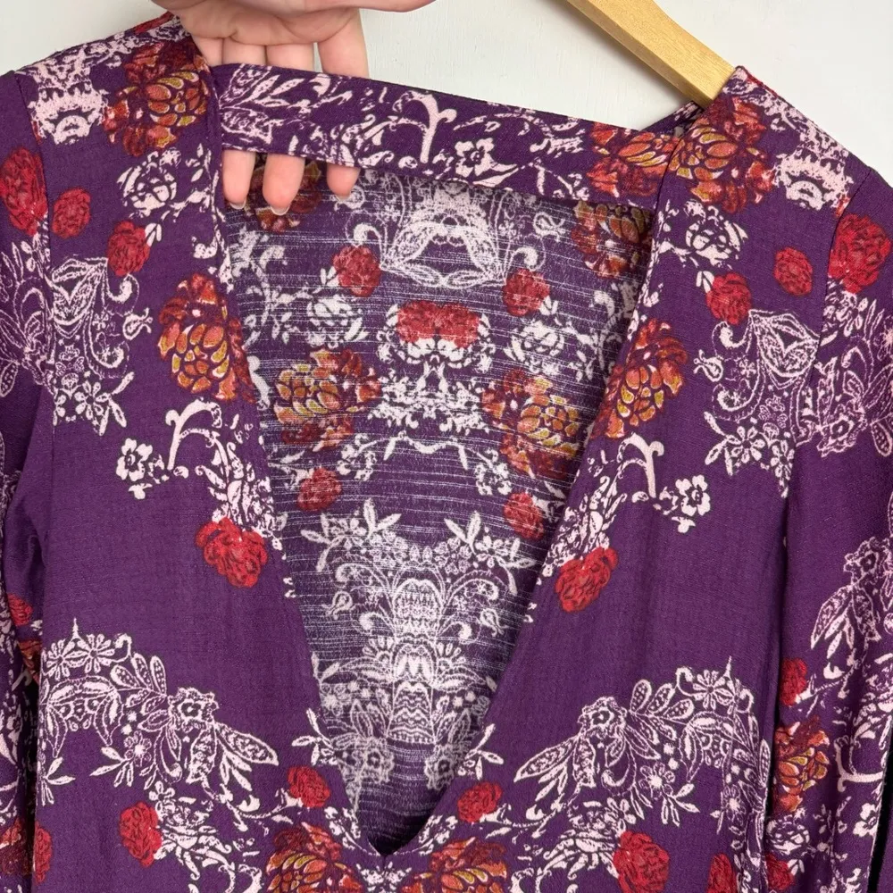 Free People Boho Mini Dress Sz XS Open Back Tunic Long Sleeves - Image 13