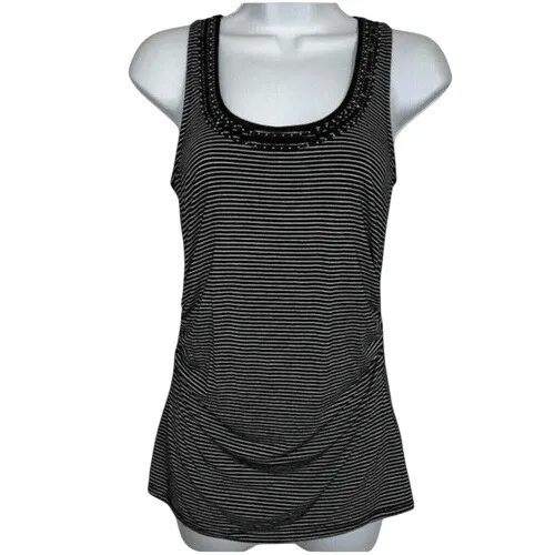 WHITE HOUSE‎ BLACK MARKET Black and White Striped Beaded Ruched Top EUC XS - Image 2