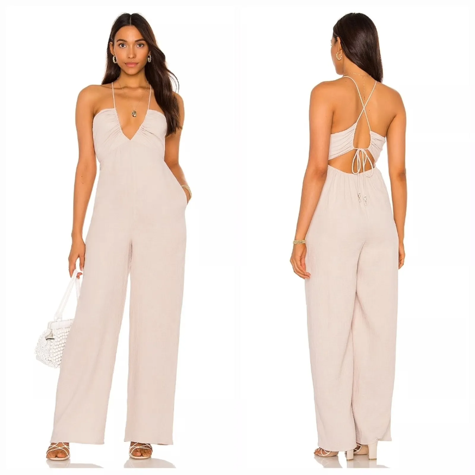 Tularosa Nora Cream Wide Leg Sleeveless V-Neck Tie Back Cotton Beach Jumpsuit S - Image 2