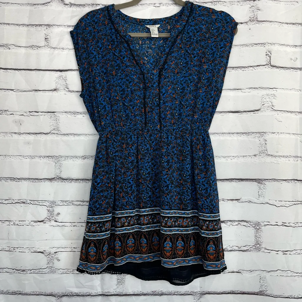 Forever 21 Blue Boho Floral Blouse Women’s Small Cap Sleeve Peplum Tunic Top Y2K - Image 6