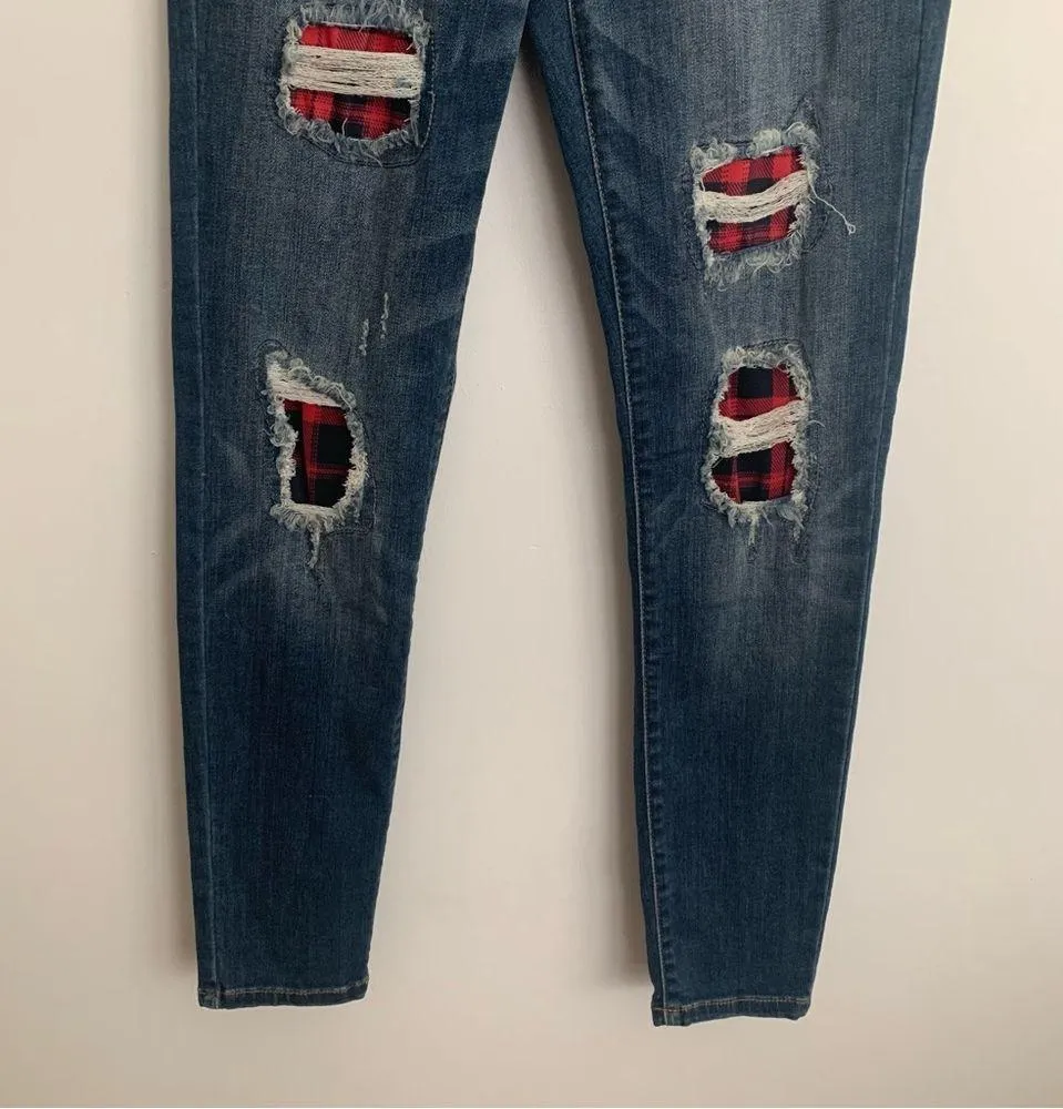 Skinny Fit Distressed Plaid Patch Jeans Size 7/28 - Image 6
