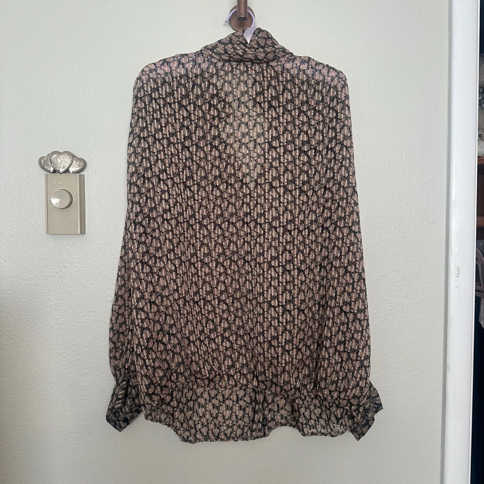 Vintage Sz 18 High Neck Sheer Chiffon Long Sleeve Peasant Crop Blouse Minimalist Brown - Image 3