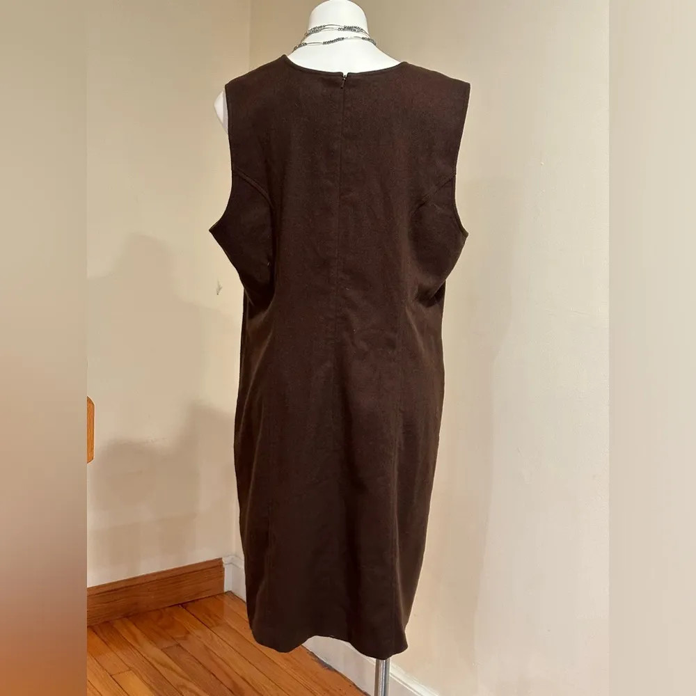 Eddie Bauer Brown Midi Sleeveless V Neck Dress 65 % Wool Orange Lining Sz XL - Image 4