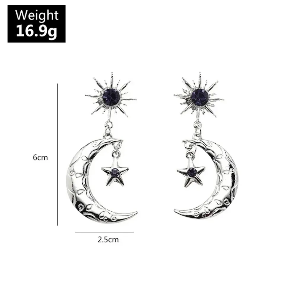 Crescent Aurora - Silver  Moon & Stars Dangling Earrings - Image 5