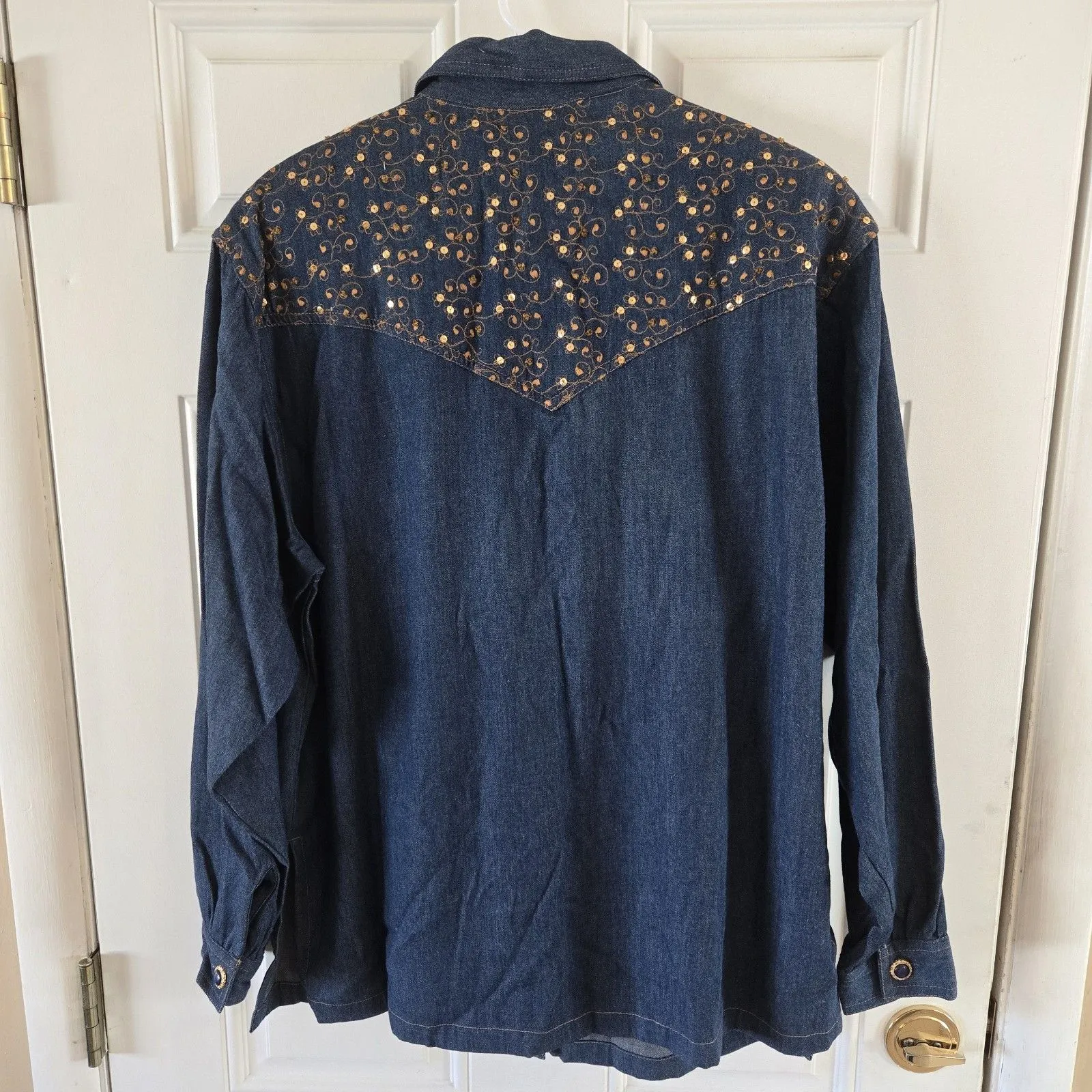 Vintage Country Wear Denim Western Shirt Gold Embroider Sequins Sz 12 Rodeo Chic Blue - Image 2