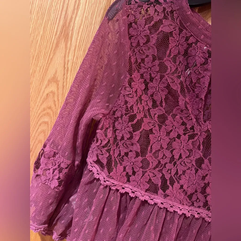 Free People Modern‎ Romance Sheer Lace Peplum Top Blouse in Rutabaga Mauve XS - Image 14