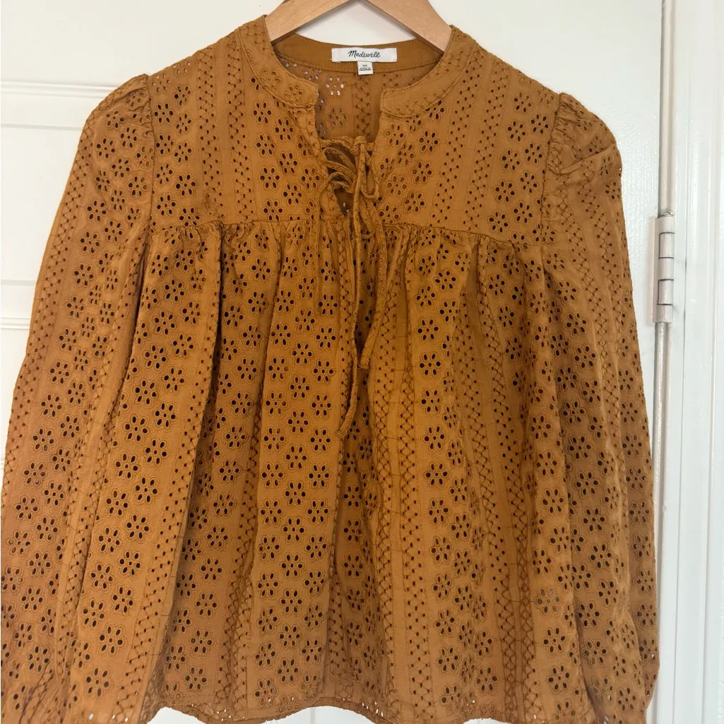 Madewell Eyelet Double-Tie Peasant Top in Brown Orange Size XS Fall Autumn Vibes - Image 3