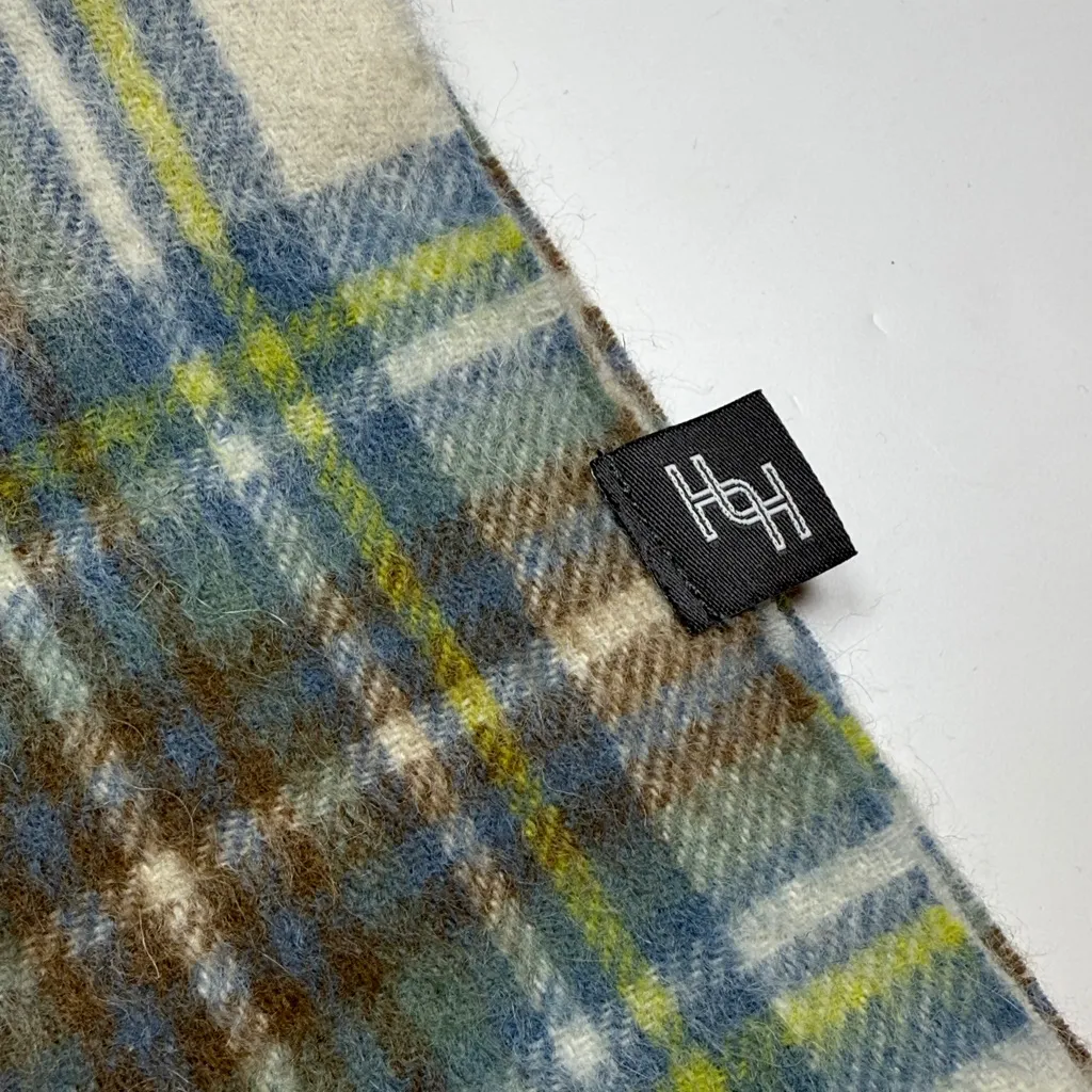 HH 100% Lambswool Muted Blue Yellow Gray Dress Stewart Plaid Scarf W2062 - Image 3
