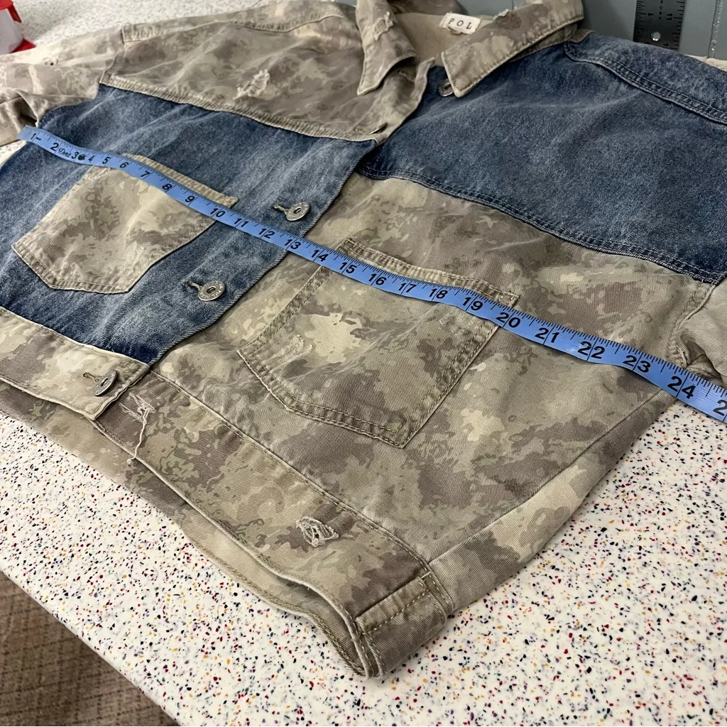 POL Never Too Much Camo Denim Patchwork Twill Jacket Womens Size L - Image 5
