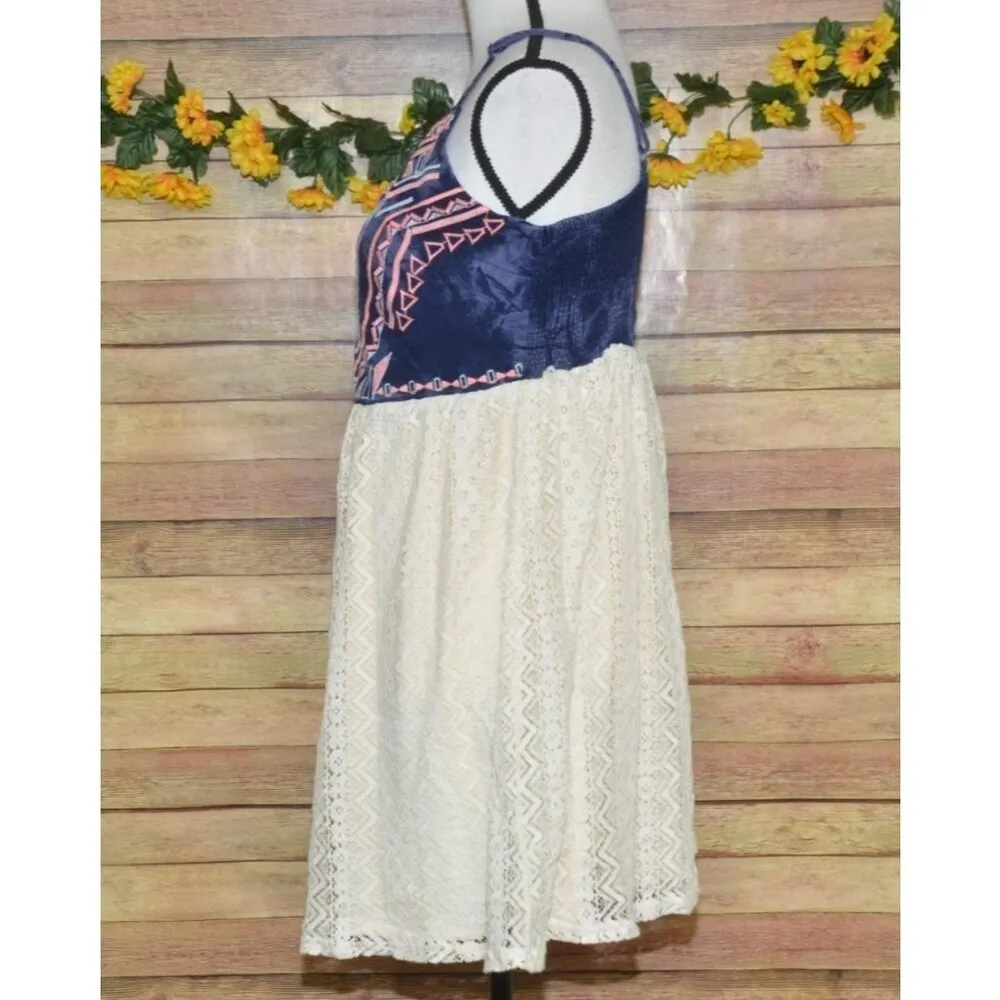 Maurices Size L Summer Dress Blue Aztec Embroidery & Cream Lace Boho Festival - Image 6