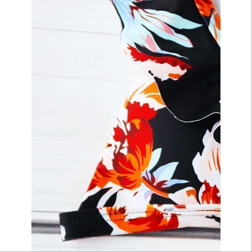 ✨HP✨Flower Print Ruffle Strap Triangle Bikini Set✨ Black Size L - Image 4