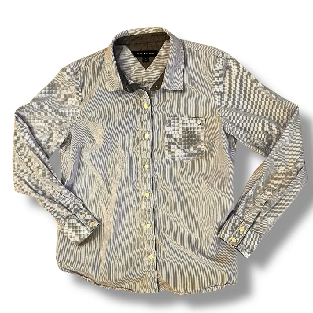 VTG Y2K Tommy Hilfiger Womens Shirt Sz M Flag Blue Pinstripe Long Sleeve Preppy - Image 2