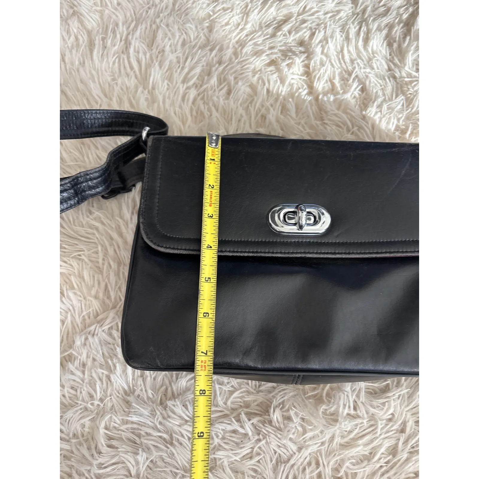 Vintage Black Leather Box Crossbody or Shoulder Bag Flap Close Silver Hardware - Image 9