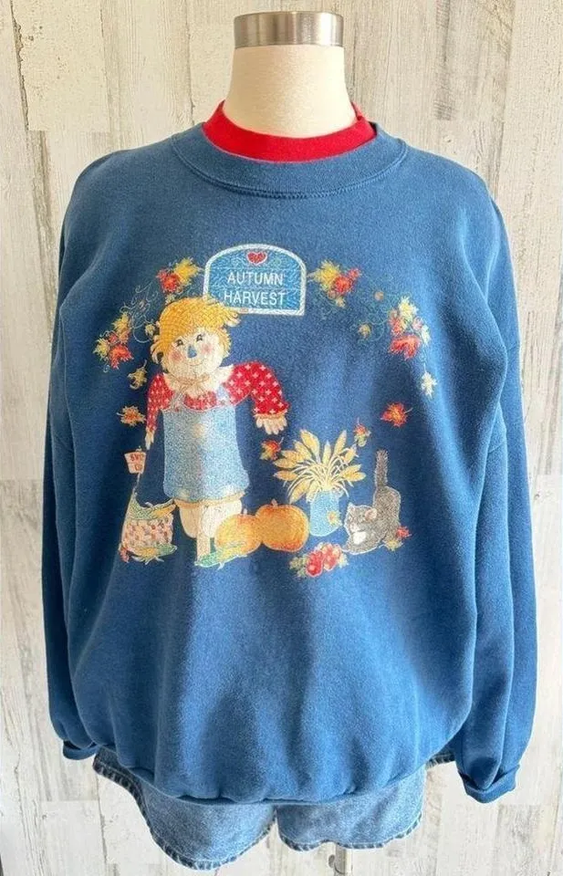 Vintage fall scarecrow sweatshirt made in USA 2X fall pumpkins cat see photos Blue Size XXL - Image 1