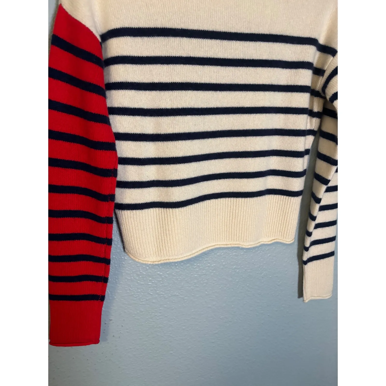 Nordstrom Cashmere Striped Crewneck Sweater Cream Navy Red XS - Image 8