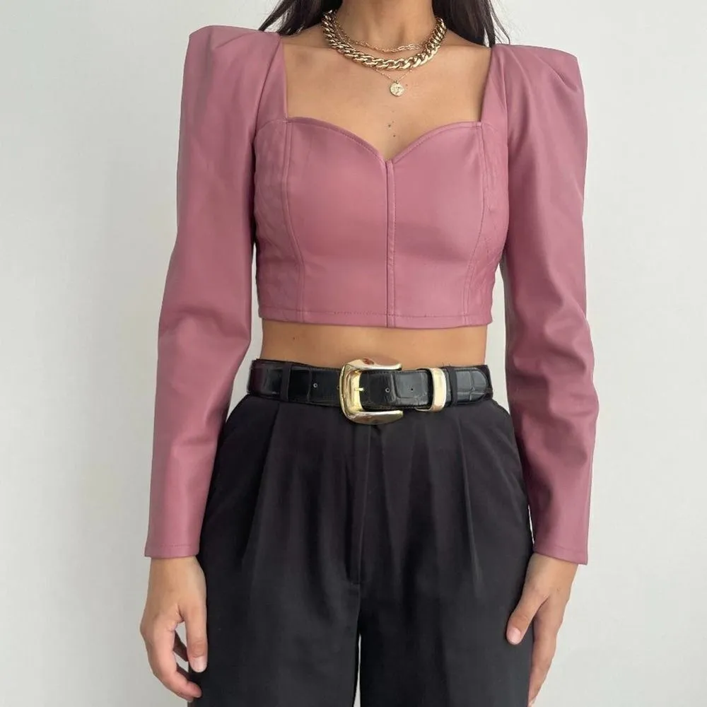 Zara Faux leather puff sleeve crop top marsala pink - Image 4