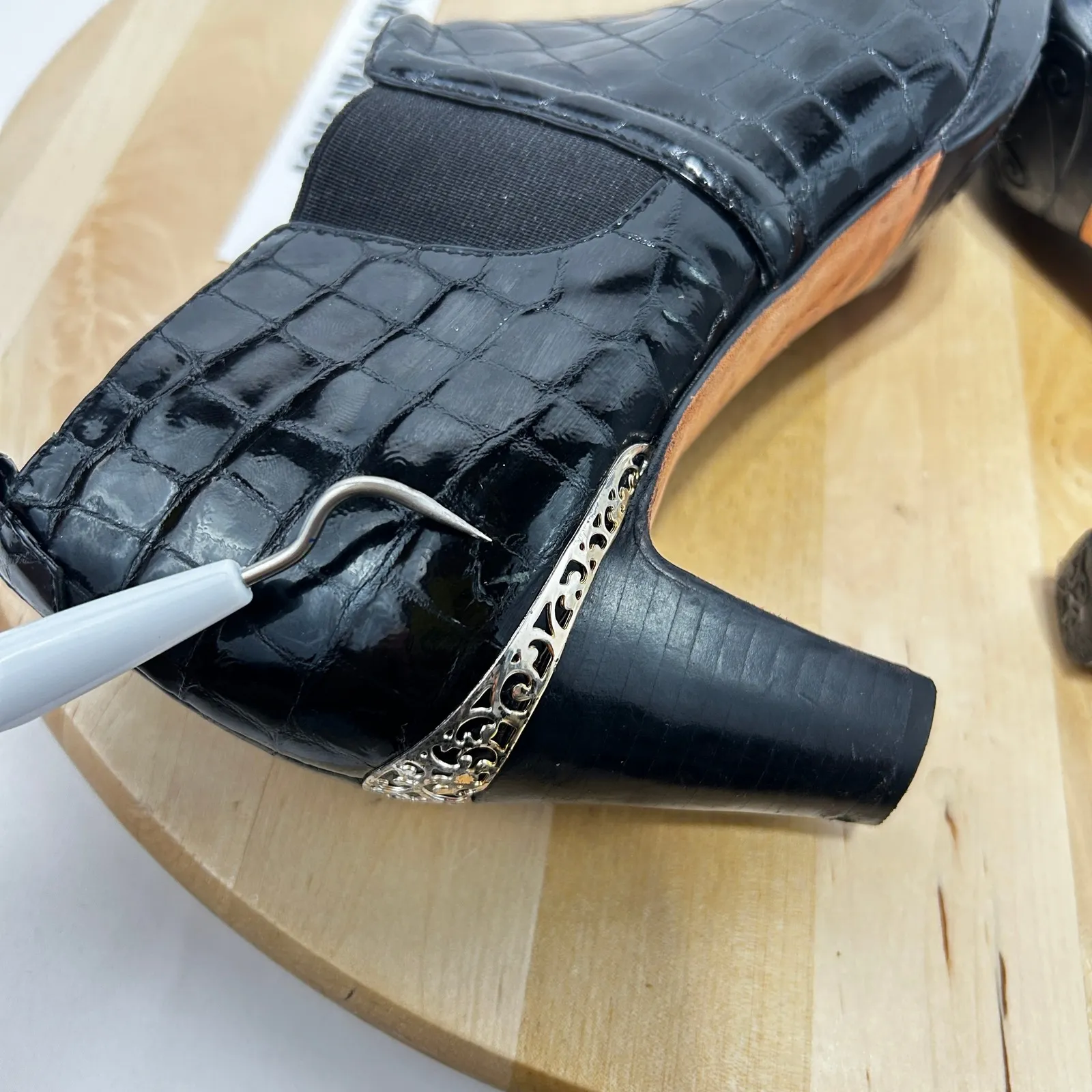 Brighton Trill Black Croc Embossed Leather Heeled Bootie - Size 7M‎ - Image 11