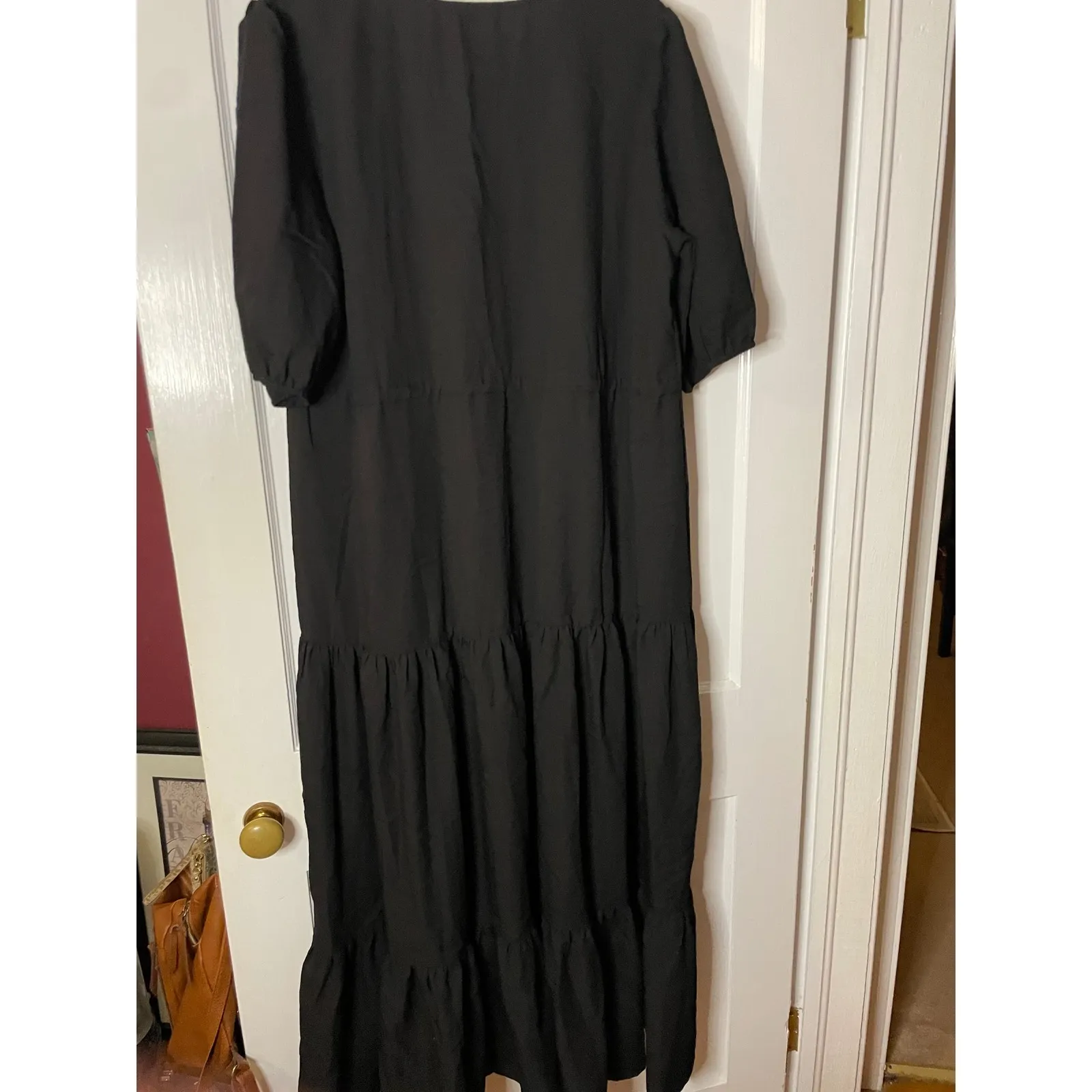 Womens Black Tiered Maxi Dress V Neck Tie Waist Puff Sleeve Casual Boho large - Image 5