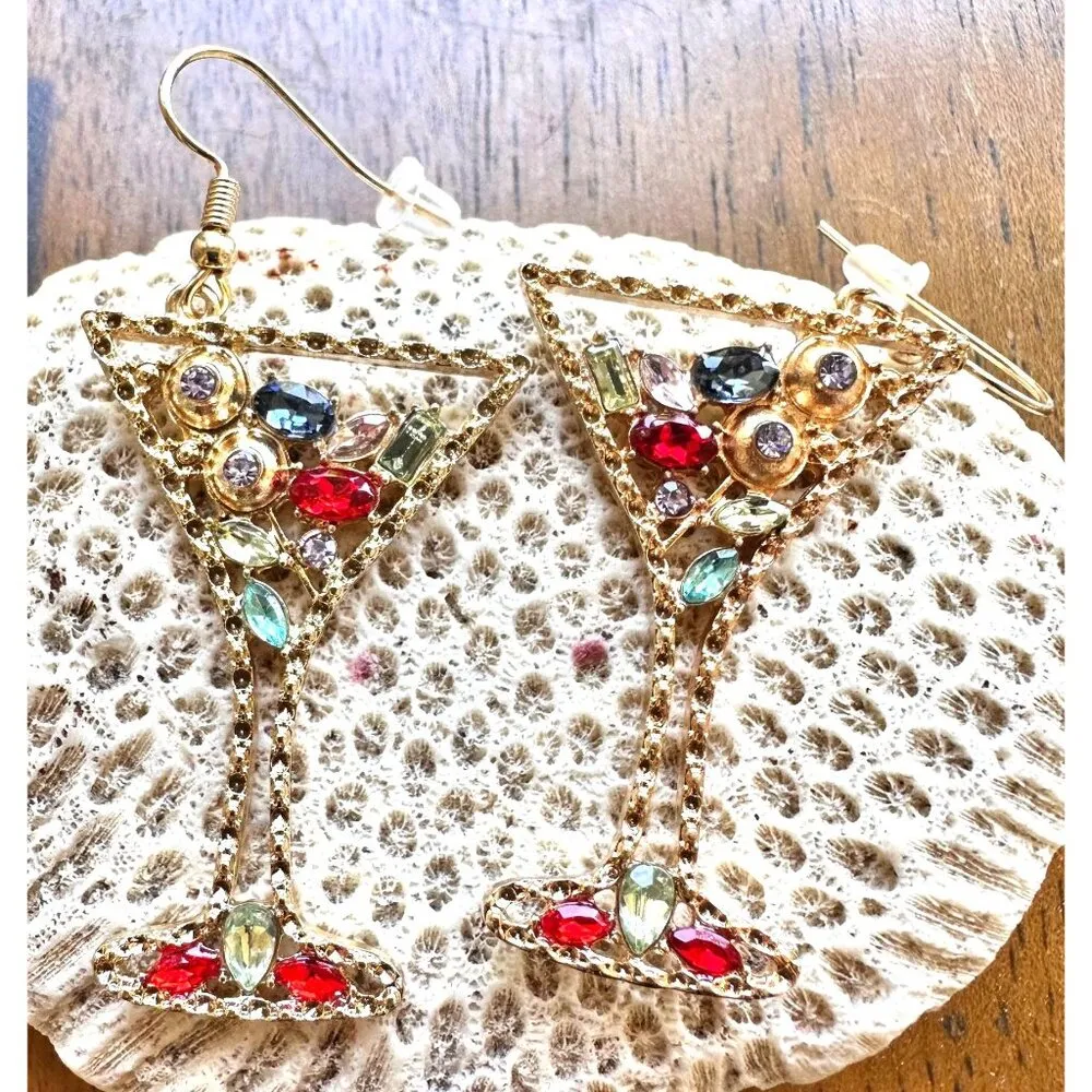 Cocktail Drink Earrings Martini Rhinestones Cruise Beach Island Vacation New Gold - Image 11