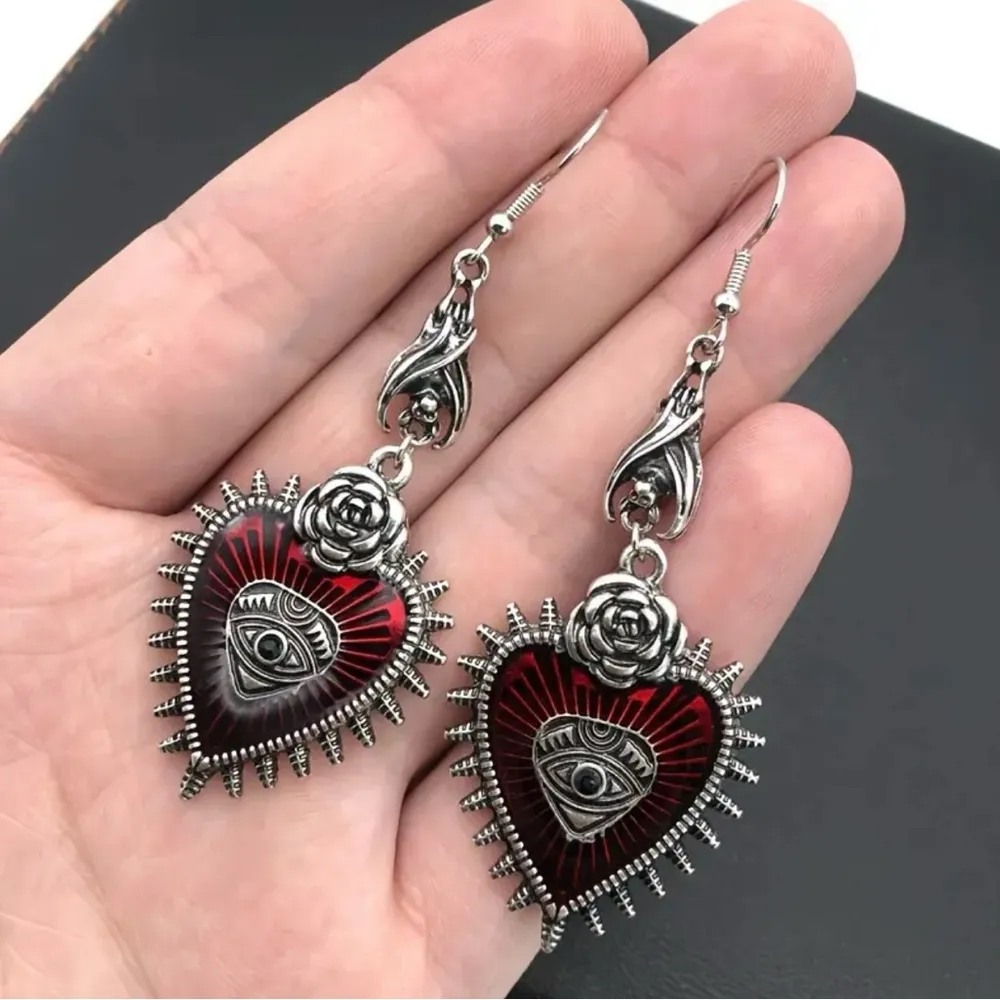 1 Pair Gothic Vintage Style Evil Eye Red Heart Shaped‎ Dangle Earrings Silver - Image 9