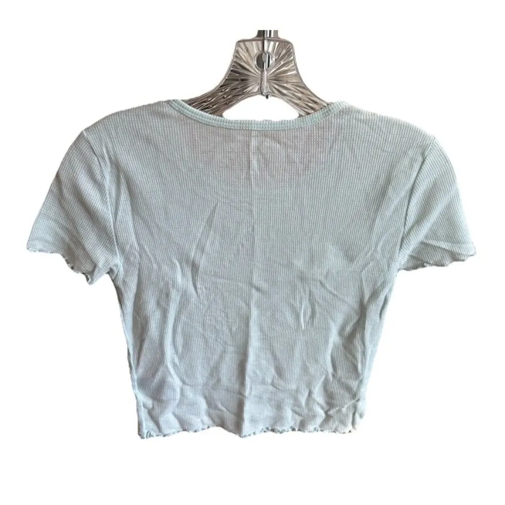American Eagle Y2K Cropped T-Shirt Sheer Lettuce Trim Boho Summer Sz S Aqua Blue - Image 2