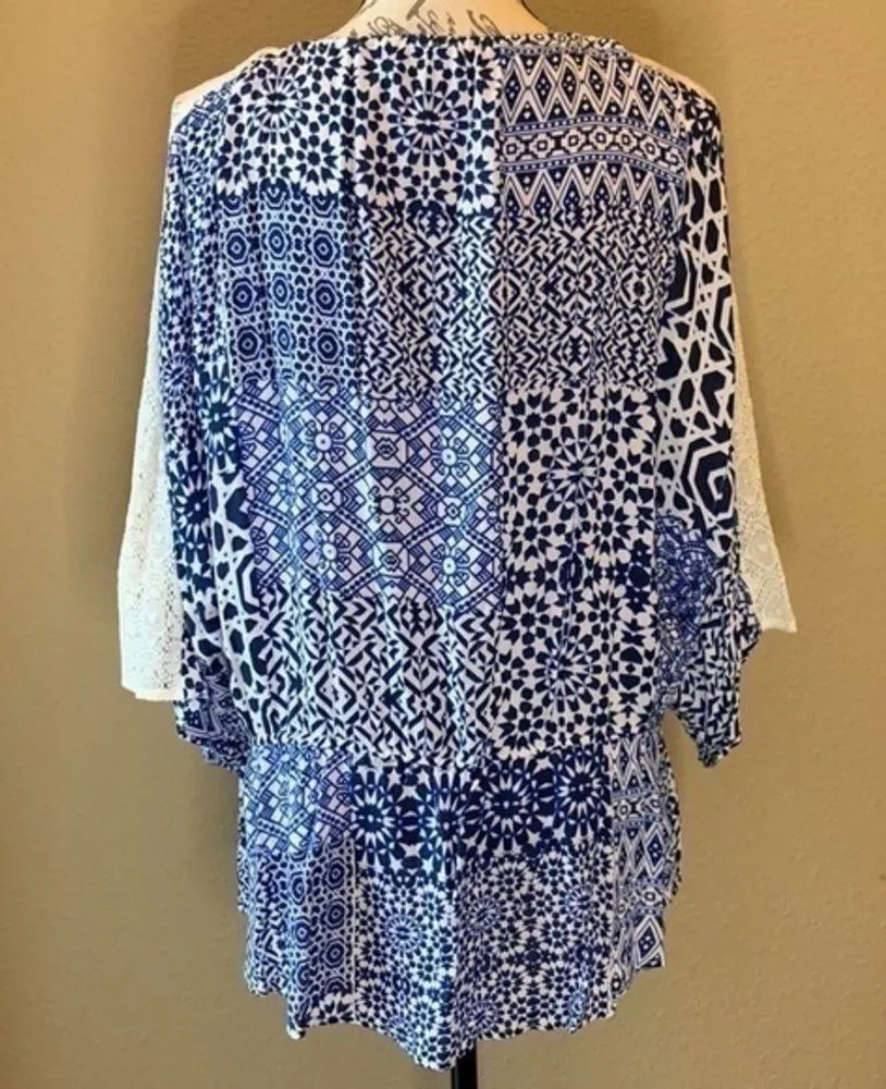 August Silk dolman tunic tie front lace detail boho flowy M - Image 4