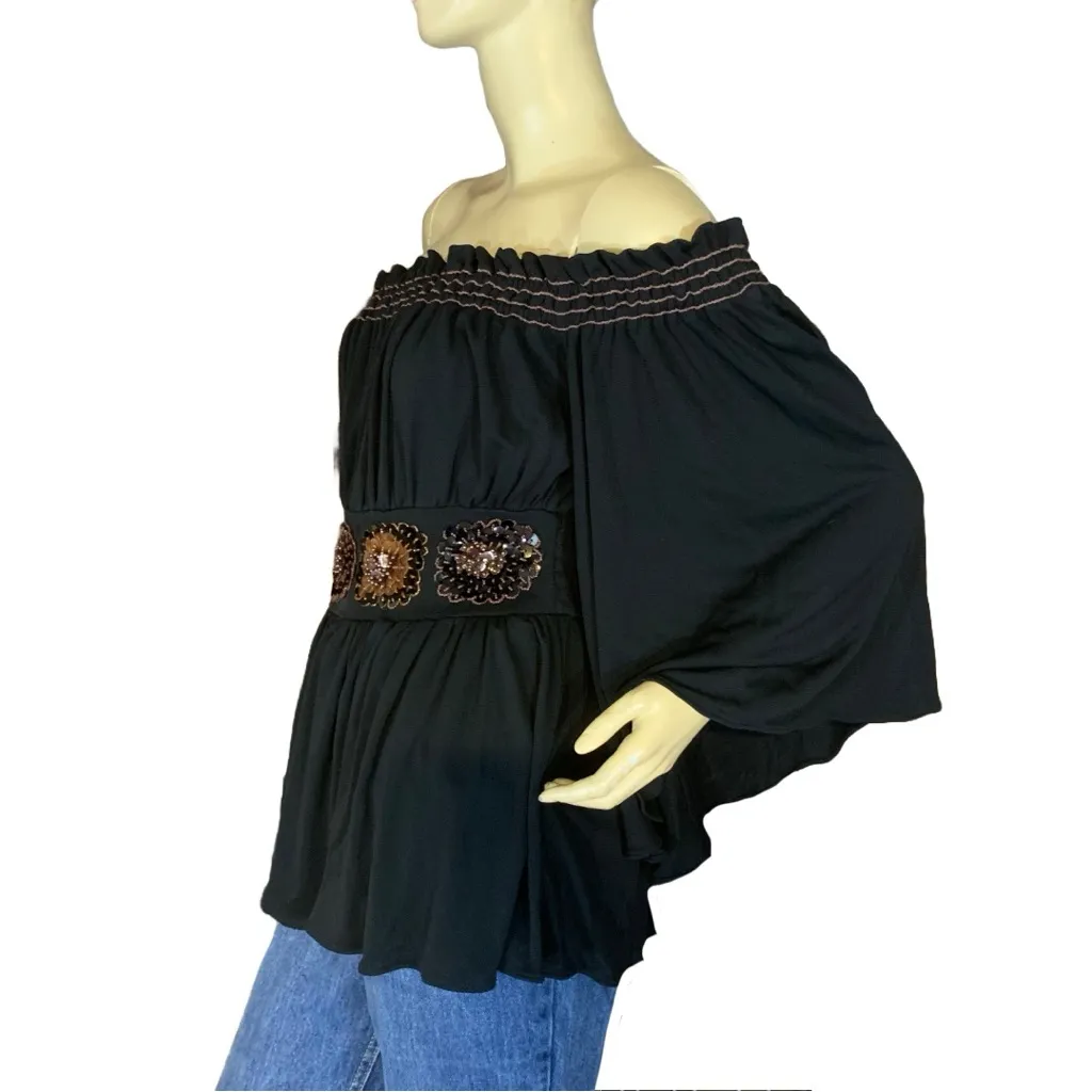 TOMASO STEFANELLI BROWN OFF-THE-SHOULDER BEADED WAIST STRETCHY PEASANT TOP (42) - Image 3