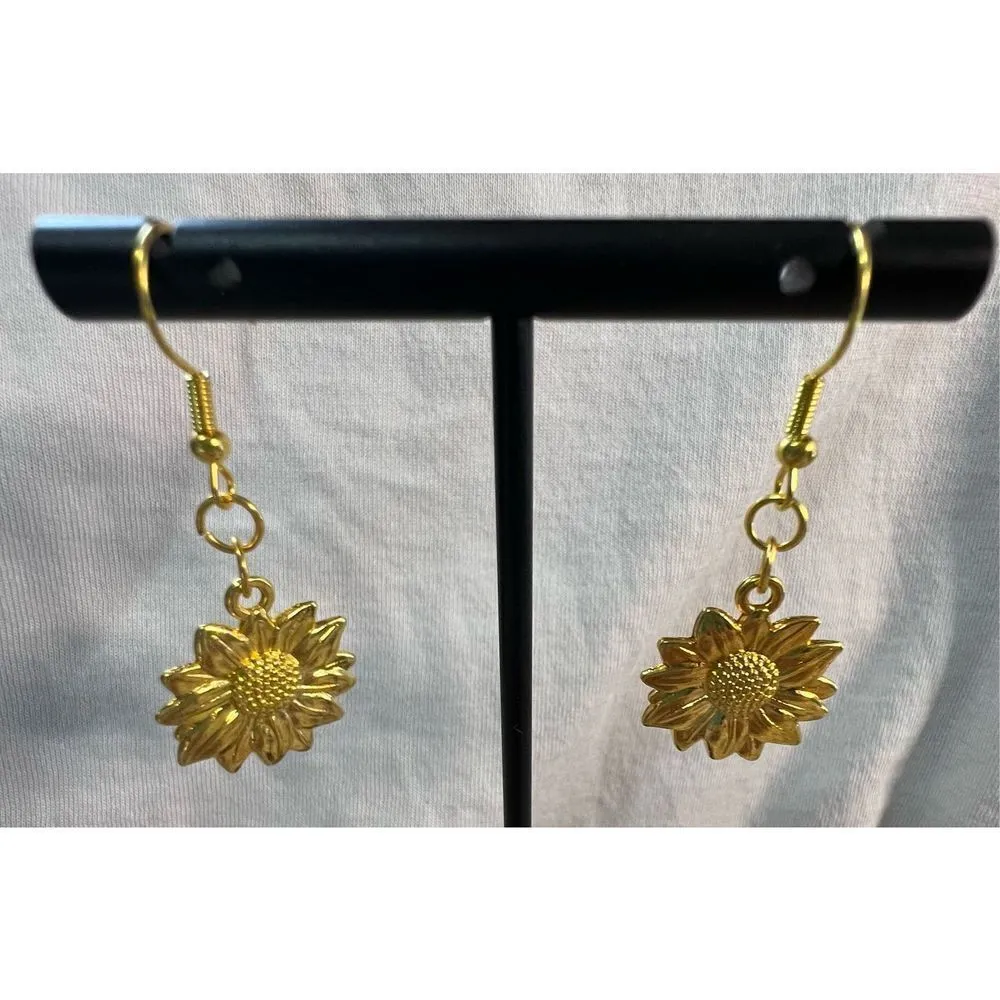 Handmade Shiny Gold Dangly Sunflower Earrings - Image 2