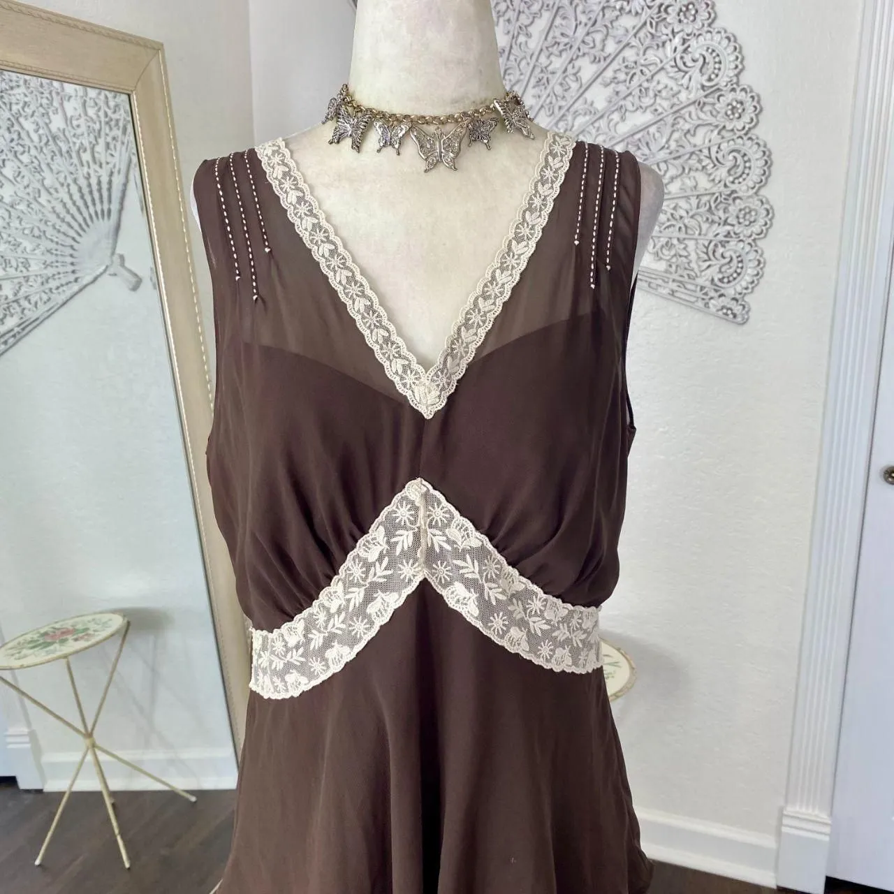 Liz Claiborne Early 2000's Fairy Layered Brown Mesh White Lace Trim Midi Dress L - Image 6