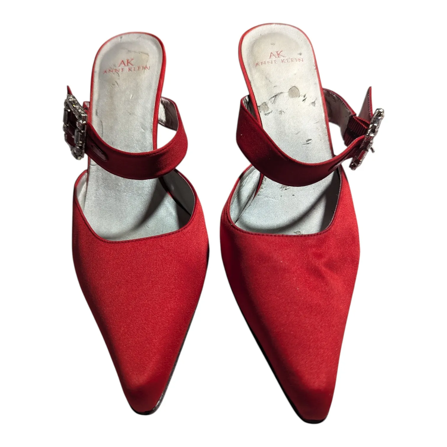 Vtg Y2K Anne Klein Red Satin Rhinestone Buckle Pointed Toe Stiletto Mules Sz 7.5 - Image 2