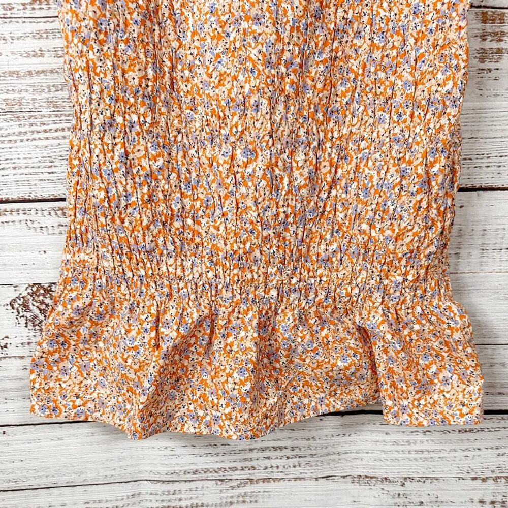 Zara Floral Ditsy Orange Lilac Smocked Sleeveless Minidress, EUC, Size Medium - Image 6