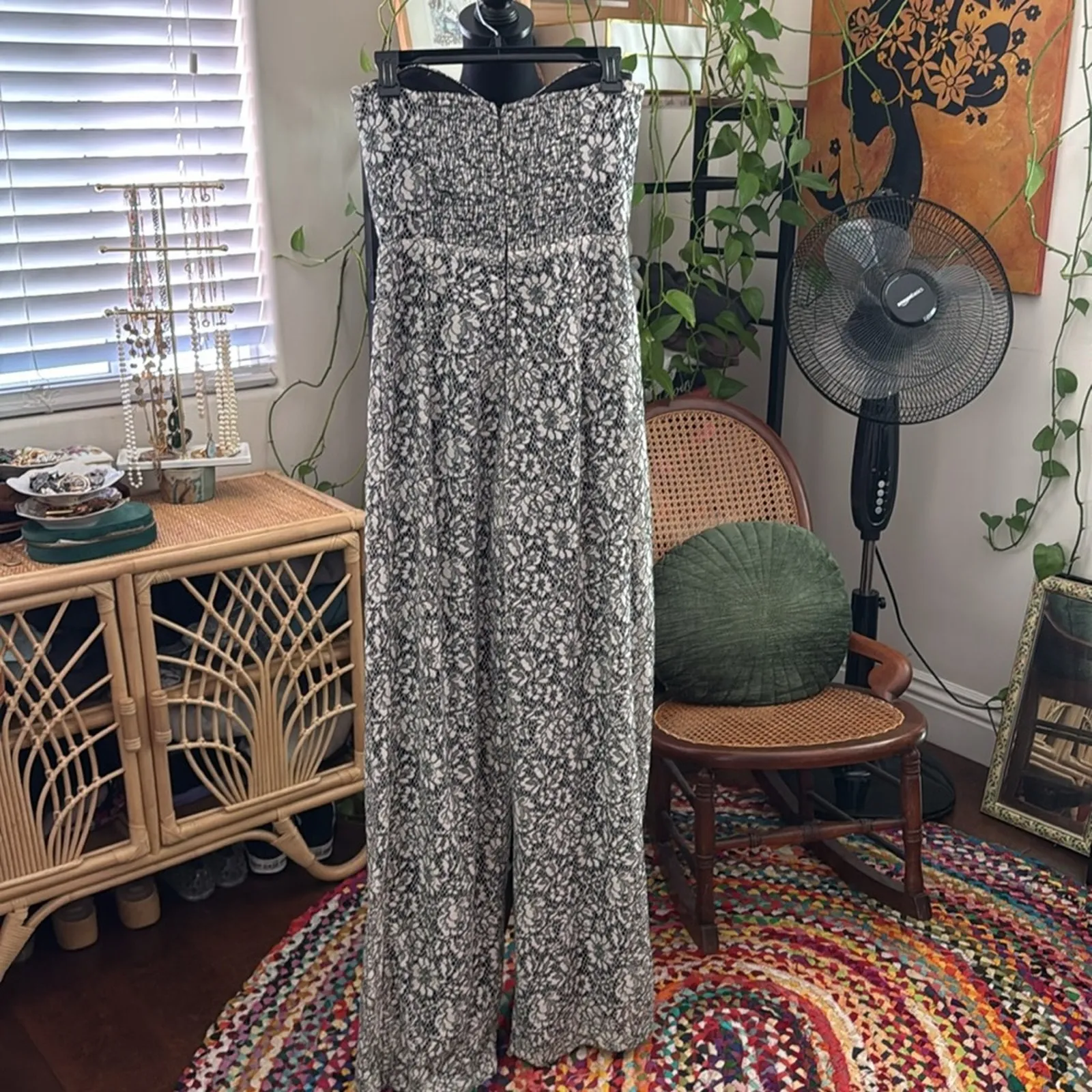 Parker Cay Black & Ivory Lace Overlay Strapless Wide Leg Back Zip Jumpsuit - Image 3