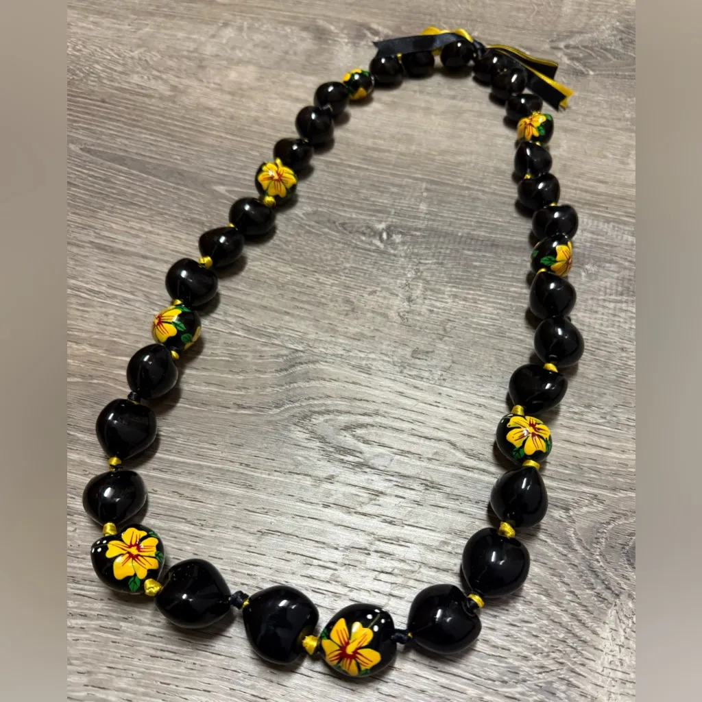 Authentic Hawaiian Kukui Nut Floral Lei Necklace | Brown & Yellow | 36” - Image 3