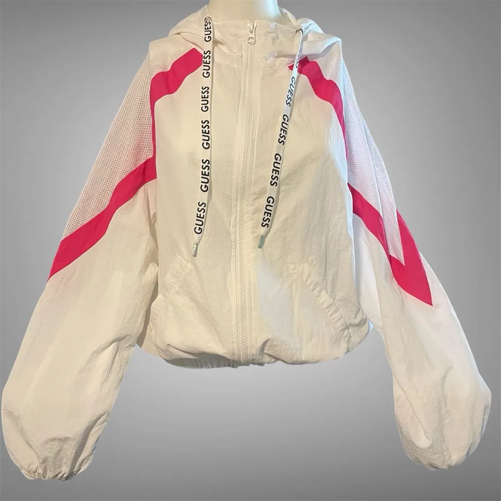 GUESS Women's White and Pink Windbreaker Jacket - Image 2