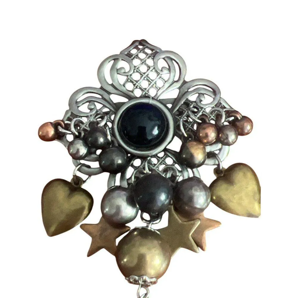 Vintage Silver Gold Tone Brooch Pin Black Stone Heart Star Charms Filigree 4.5" - Image 2