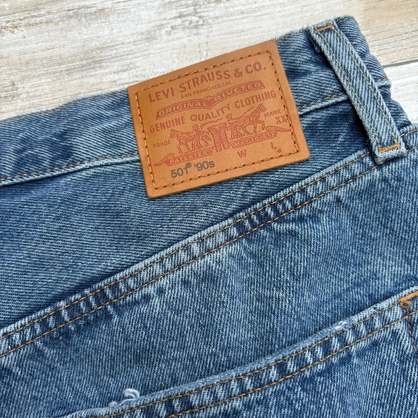Levi’s Premium 501 90s Jean Shorts 30 (32”) Med Wash Distressed Grunge Western Blue - Image 6