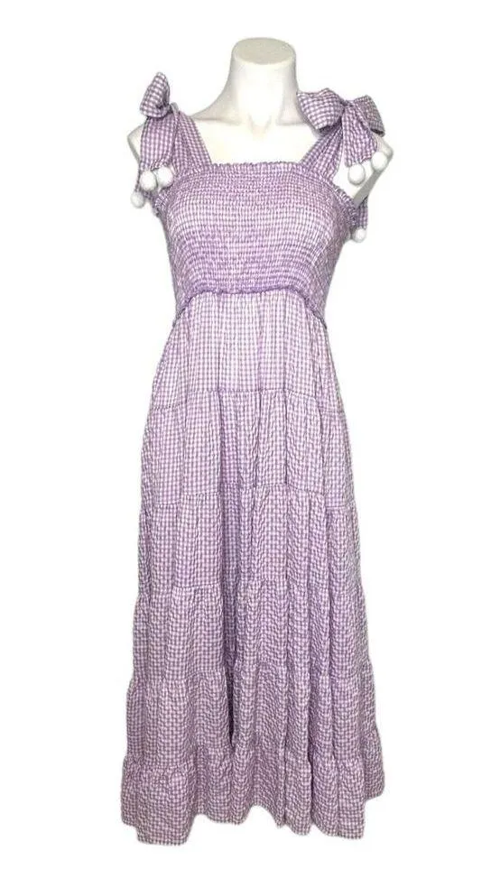 Womens Purple Gingham Tie Shoulder Tiered Maxi Dress Size S Spring Summer Beach - Image 2