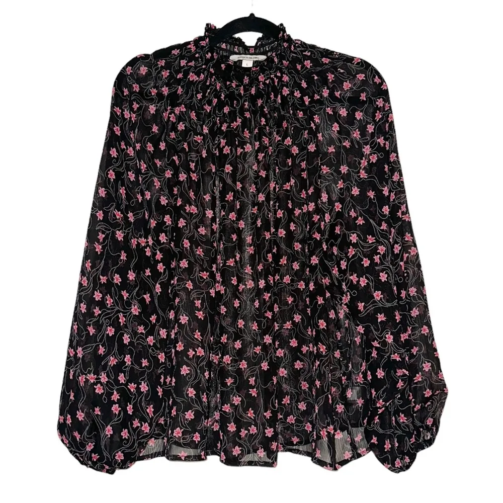 Elizabeth & James Black Pink Chiffon Floral Long Sleeve Smocked Blouse LARGE - Image 2