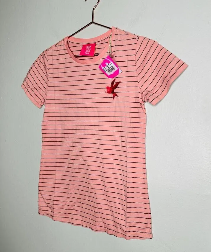 ONE TEASPOON Pink Striped Bower Bird Embroidered Logo Fitted T-Shirt NWT Size M - Image 3