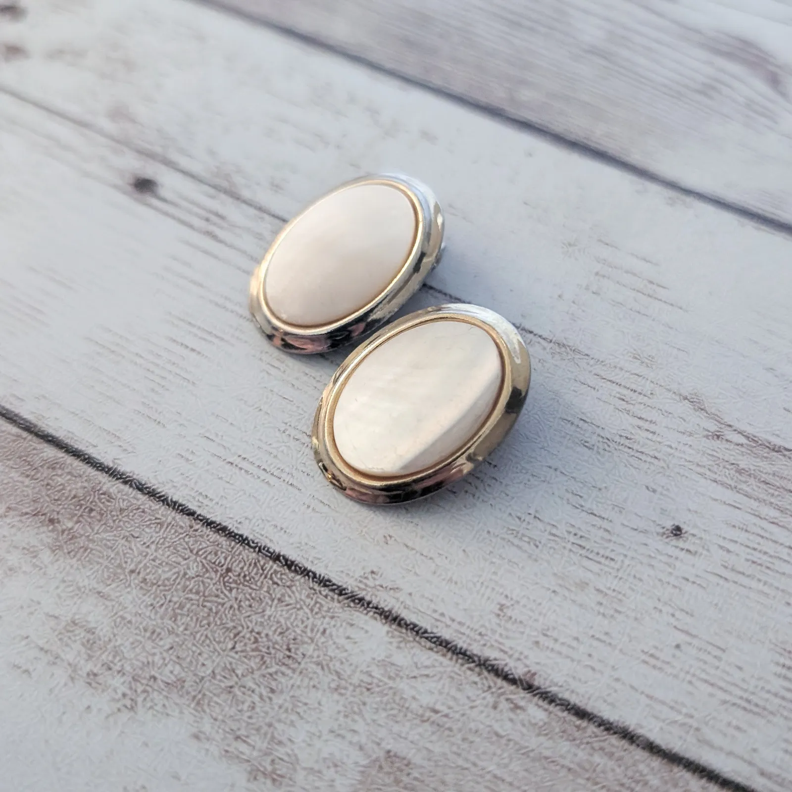 Vintage Clip On Earrings Mother of Pearl? Oval 7/8" Gold - Image 3
