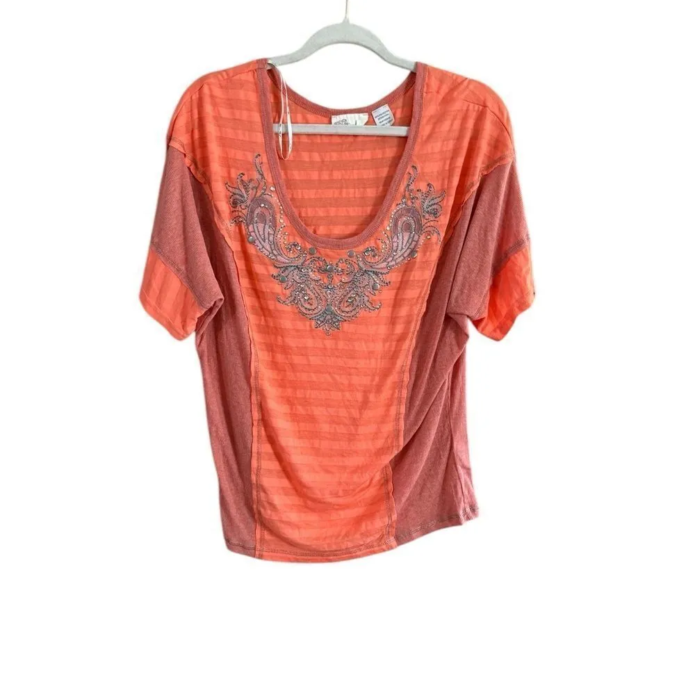 Miss Me Orange Striped Rhinestone Top Medium - Image 2