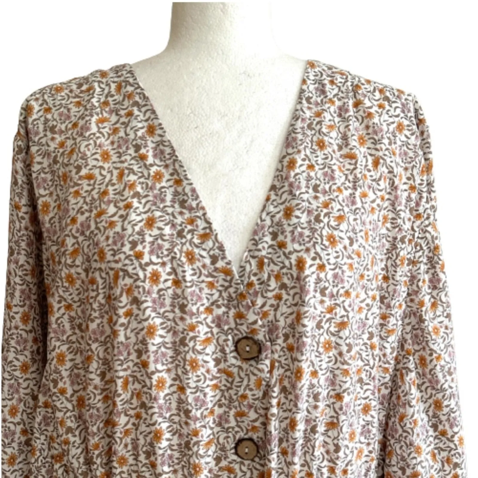 Entro Dress Cream Multicolor Floral Half Sleeve Button Front Boho Large NEW - Image 3