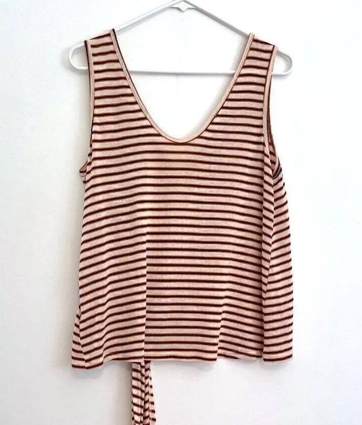 LUSH White Orange Black Striped V-Neck Sleeveless Tie Front Boho Knit Tank Top M - Image 9