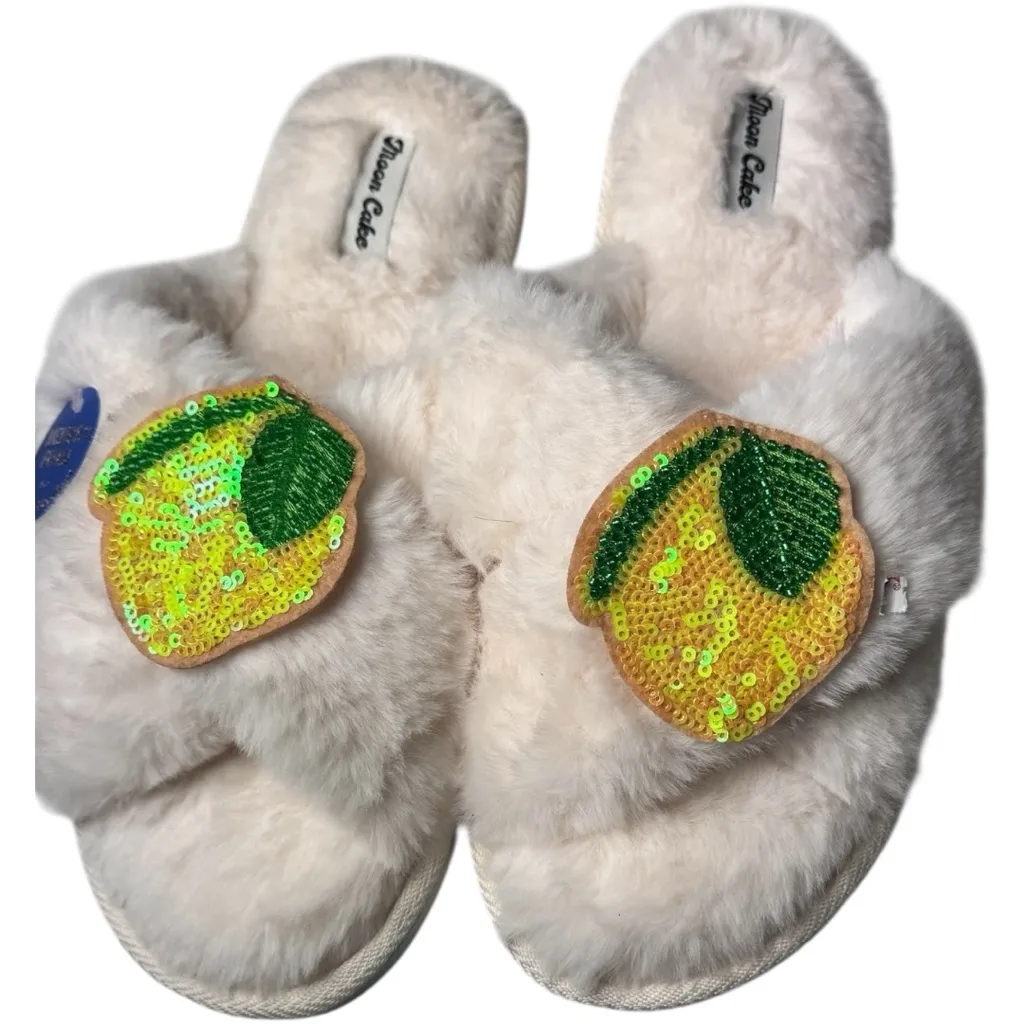 Moon Cake Women's White Fuzzy Slippers with Lemon Patch Size undefined - Image 5
