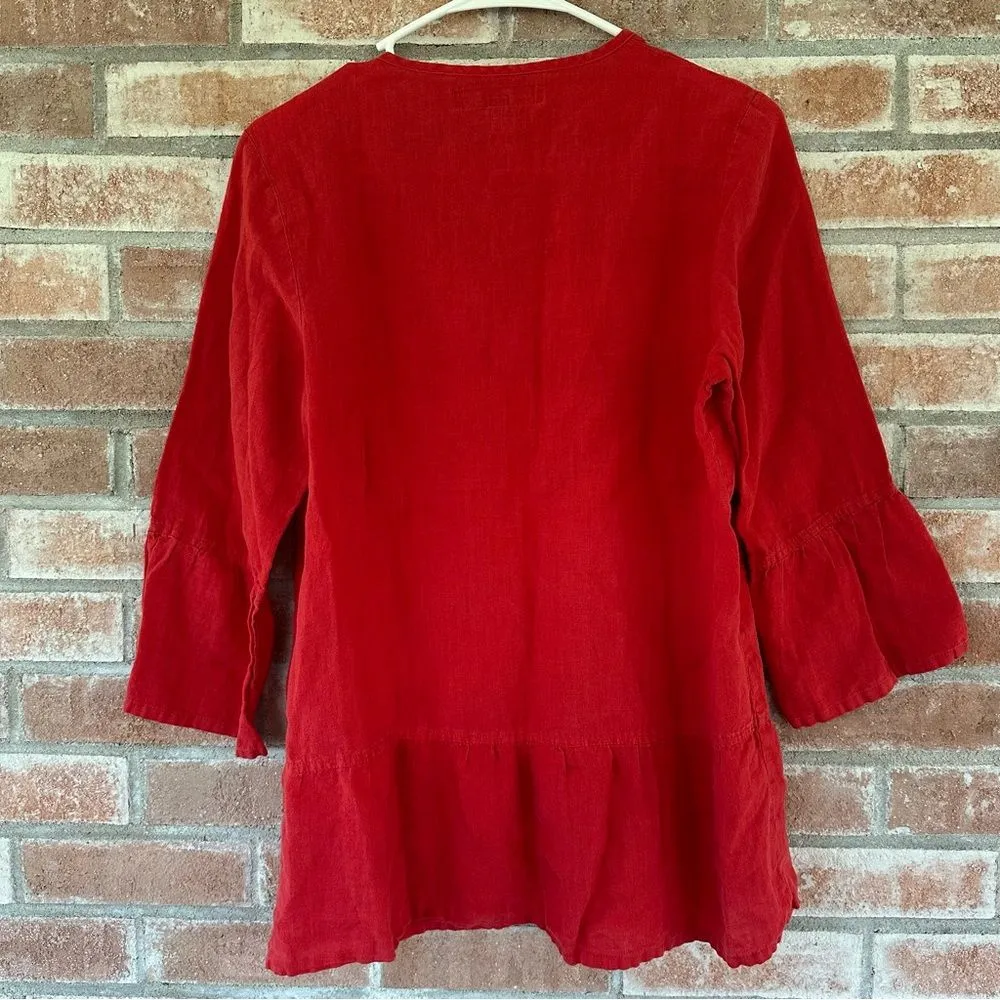 Flax Button Down Blouse 100% Linen Red Women’s P Small 4 / 6 - Image 7