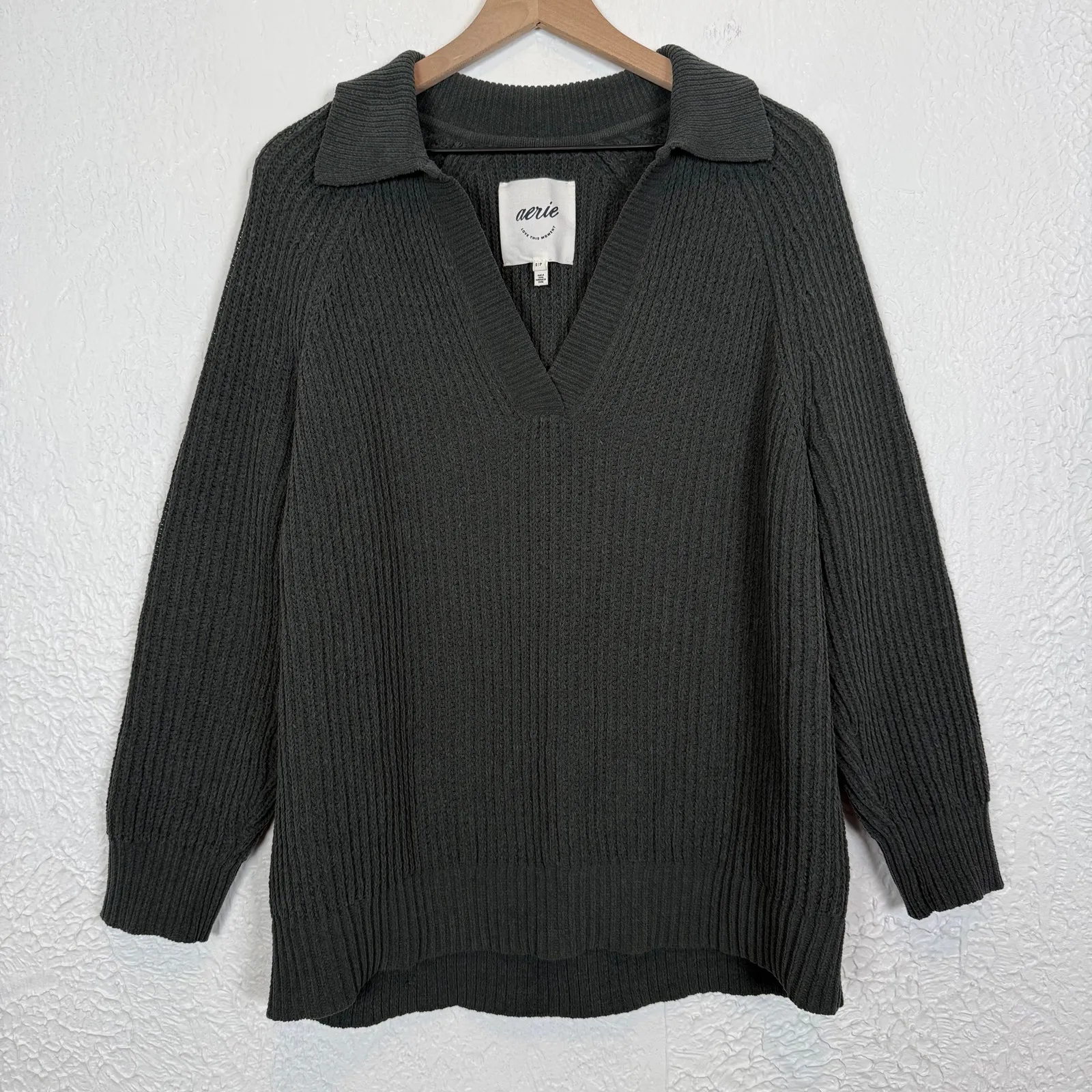 Aerie Sugar Rush Chenille Sweater V-Neck Collared Oversized Size Small - Image 2