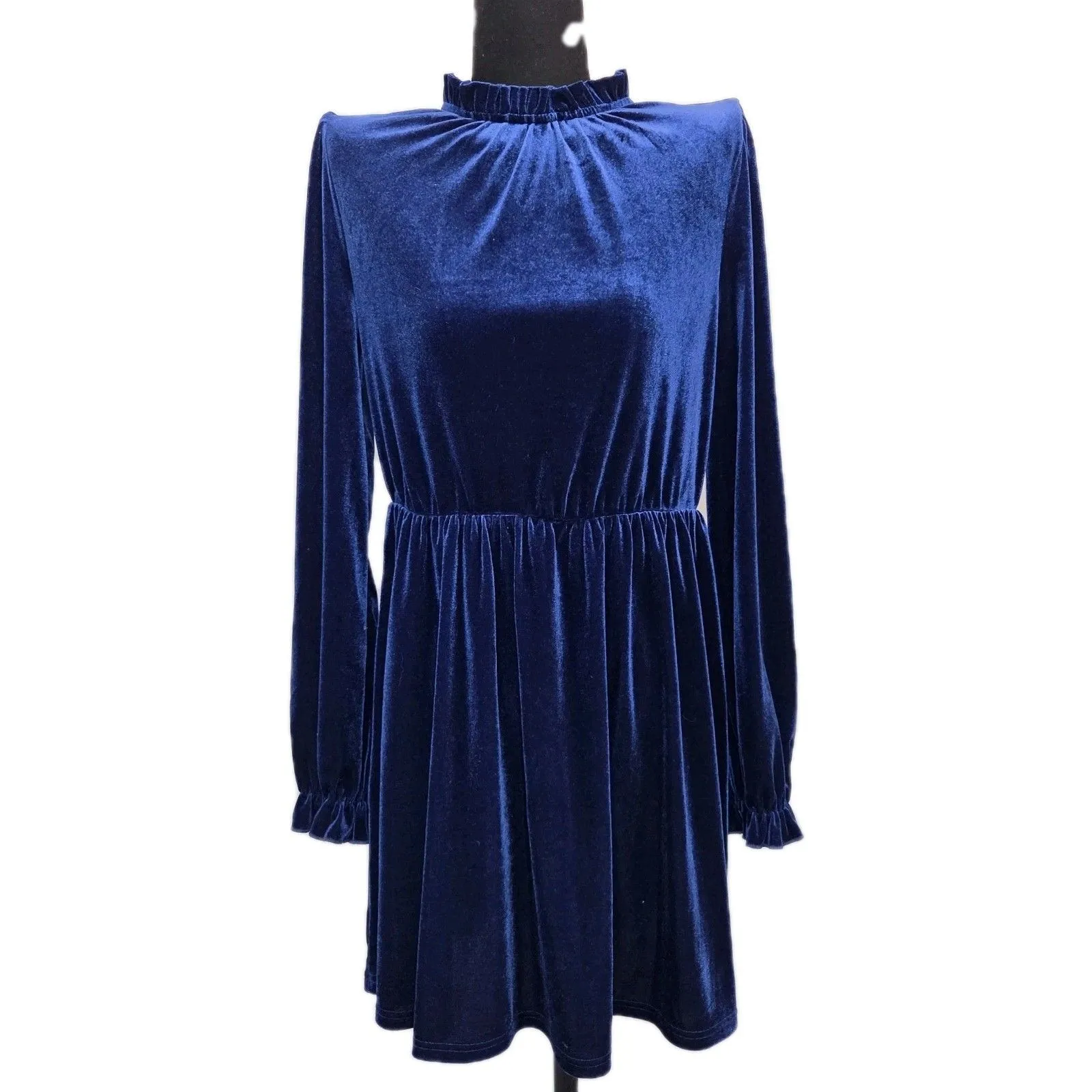 Velvet Puff Sleeve Mini Dress Blue Womens Medium Whimsygoth Holiday - Image 4