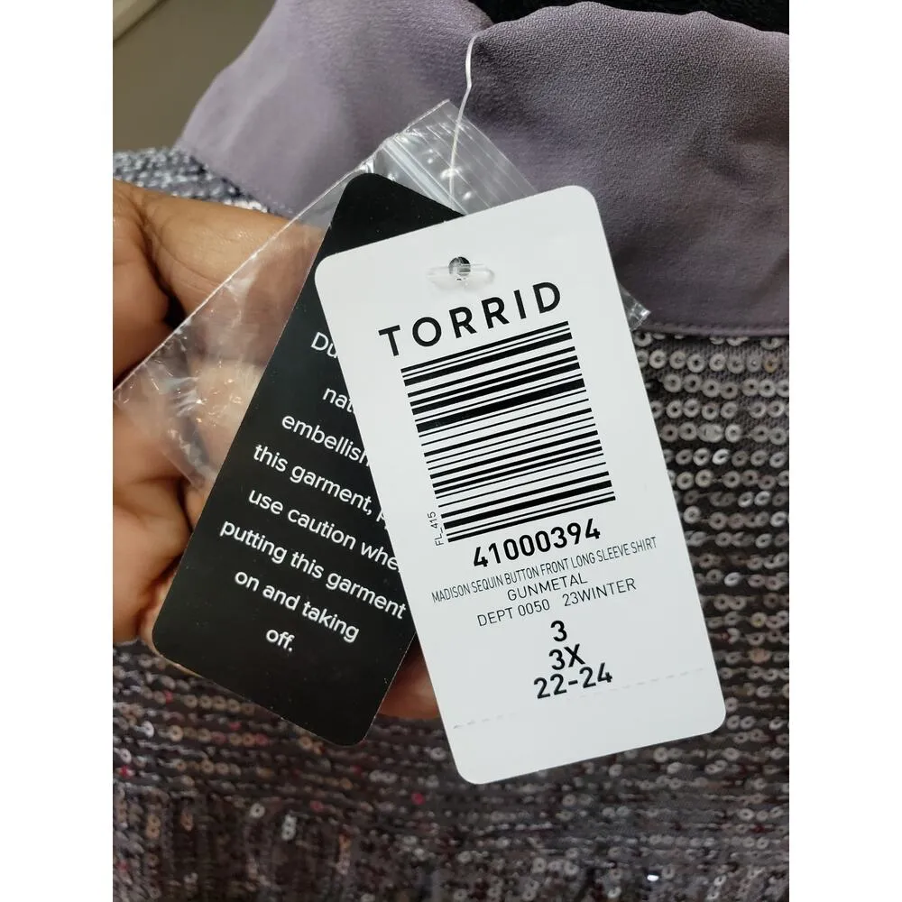 Torrid Button Down Shirt Women's 3X Gray Sequin Stretch Collared Long Sleeve - Image 5