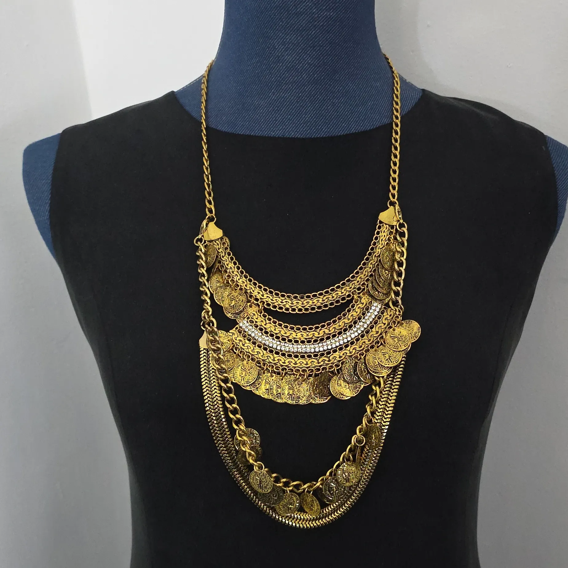 Vintage Bohemian Coins Ethnic Gypsy Bib Chunky Festival Statement Necklace Gold - Image 9