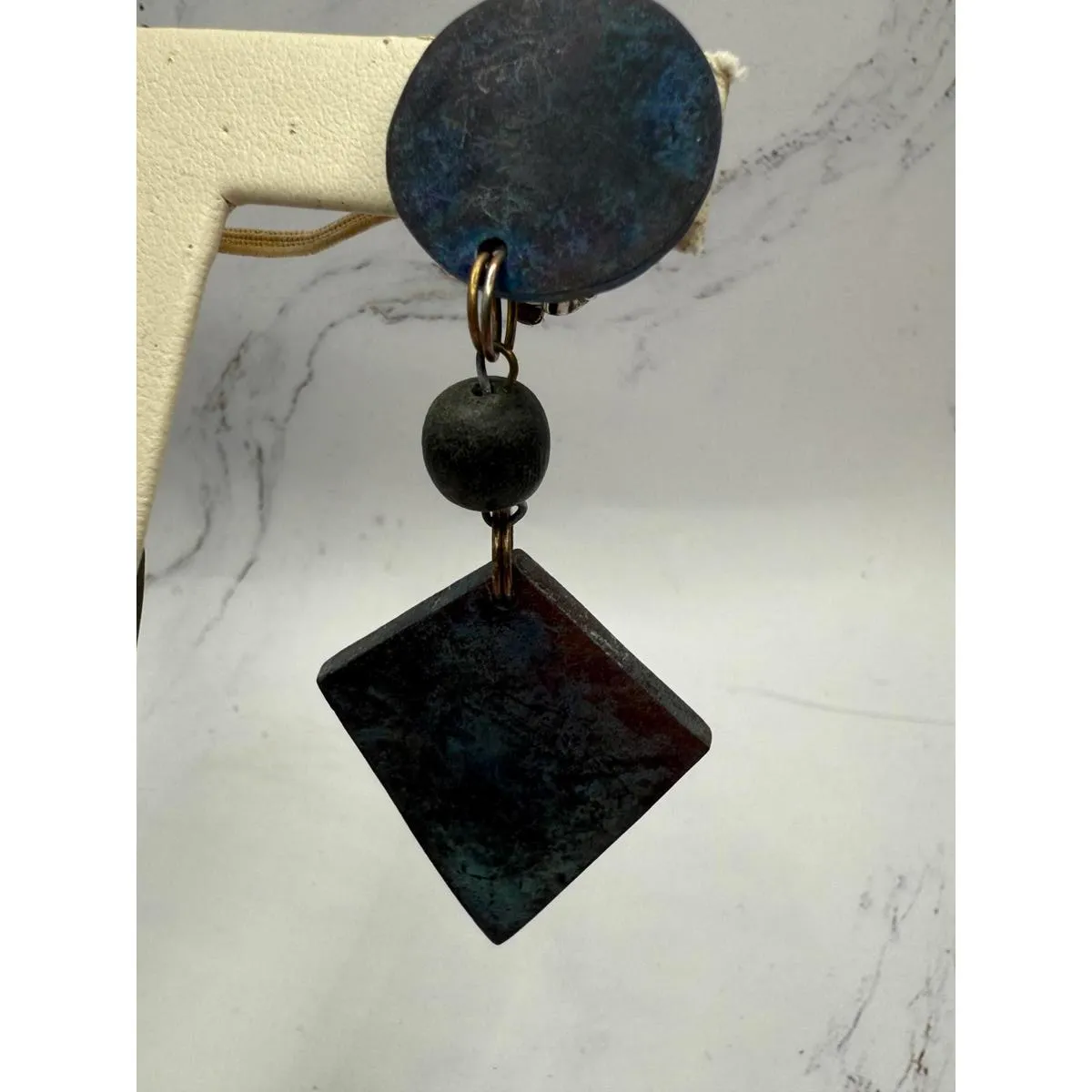 80s Mystical Patina Geometric Drop Earrings Blue - Image 3